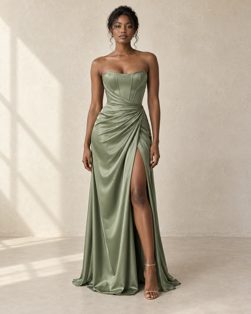 Konzeptbild: salbeigrünes trägerloses Abendkleid an einem Model vor hellem Studiohintergrund